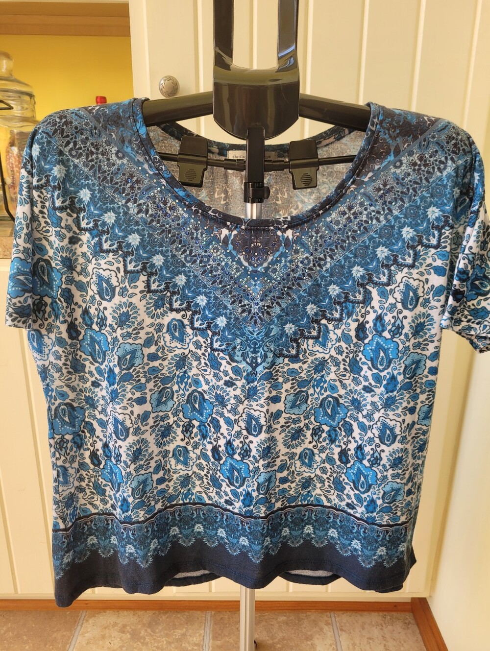 Christopher & Banks Blue Floral Sequin Scoop Neck Women's Top - PXL